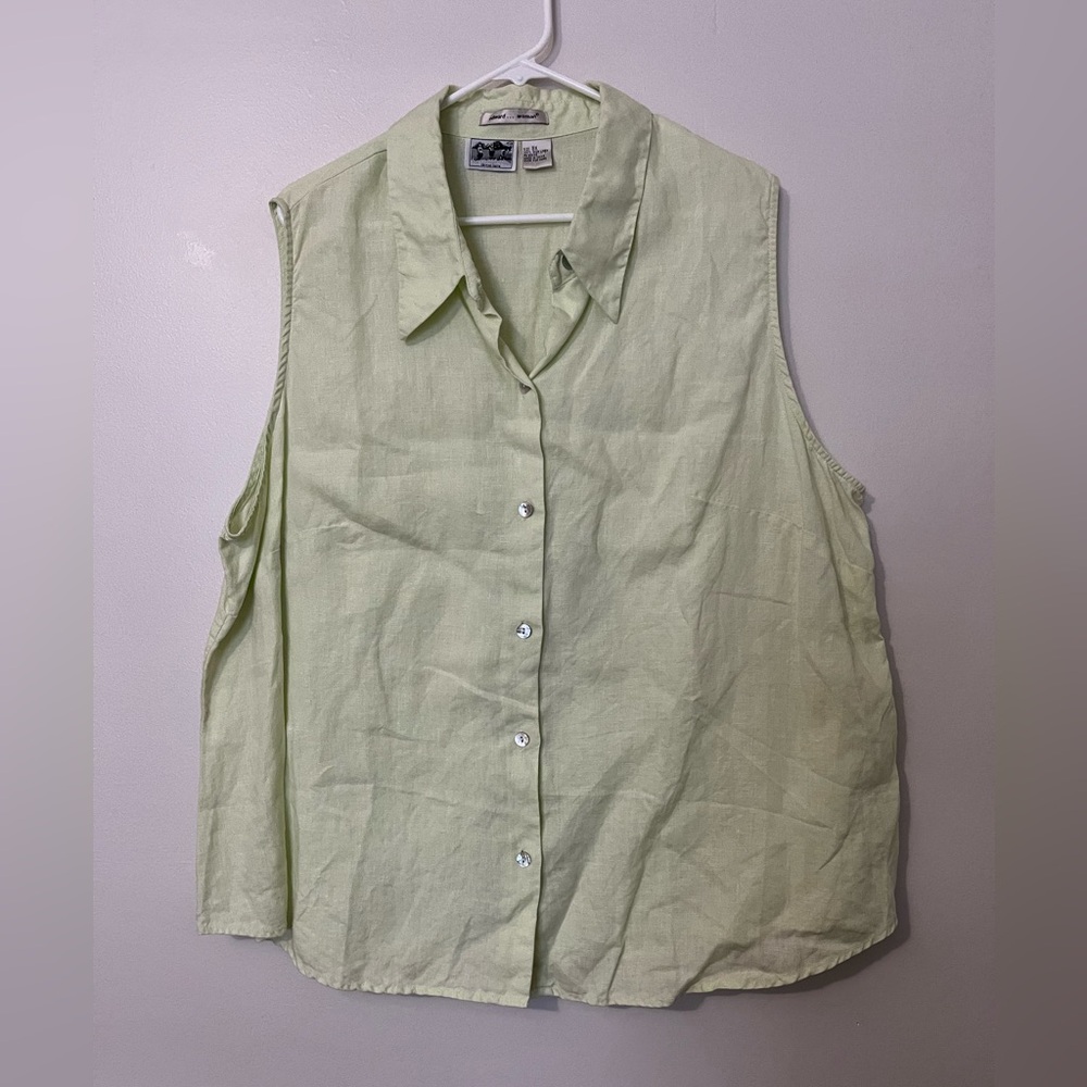 Vintage 100% Irish Linen Sleeveless Button Down Light Green Cottagecore Top